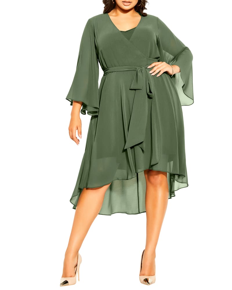 Front of a model wearing a size XS Stevie Dress in Olive Green by City Chic. | dia_product_style_image_id:215349